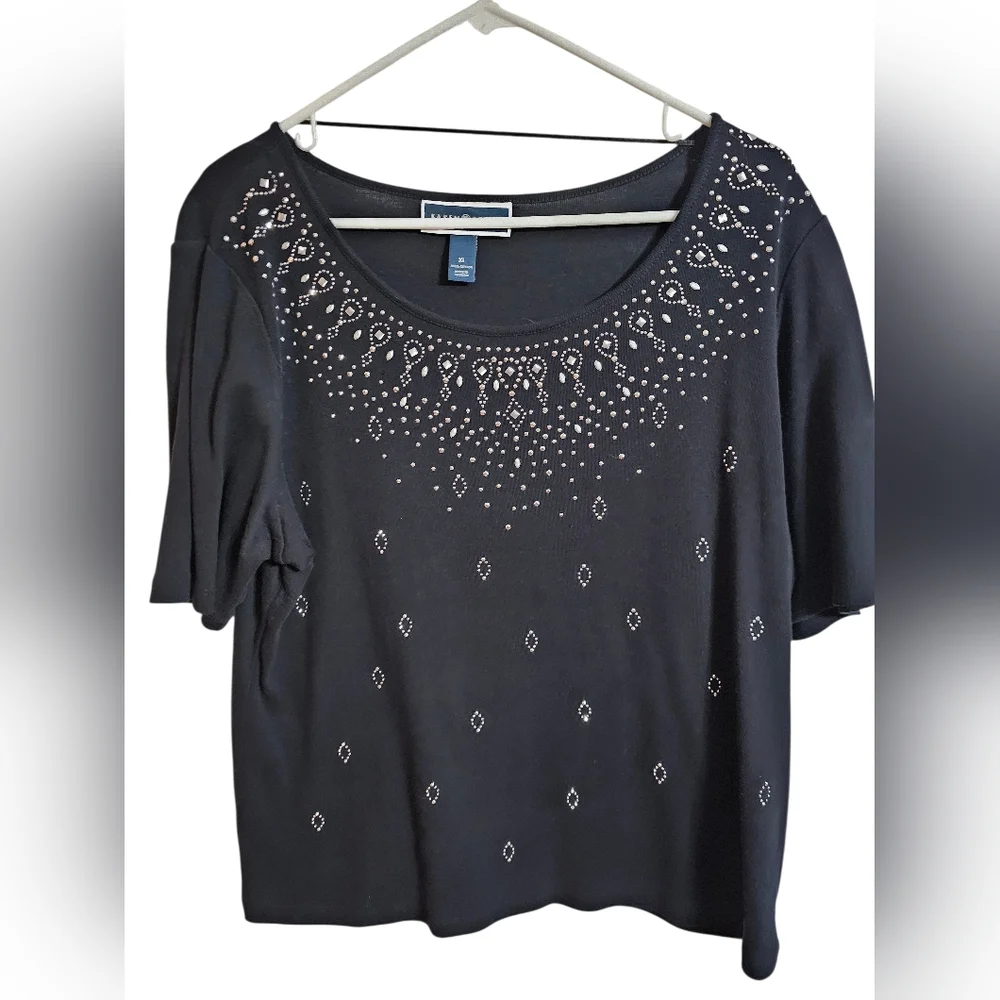 Karen Scott XL Navy Embellished Rhinestone Top Classic Holiday Evening Knit - Picture 2 of 6